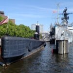 The heavy cruiser USS LITTLE ROCK and the submarine USS CROAKER at the Naval Maritime Museum in Buffalo, New York.